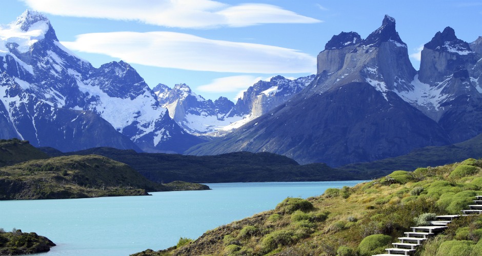 Wooden steps for hikers exploring the wilderness of Patagonia, South America.